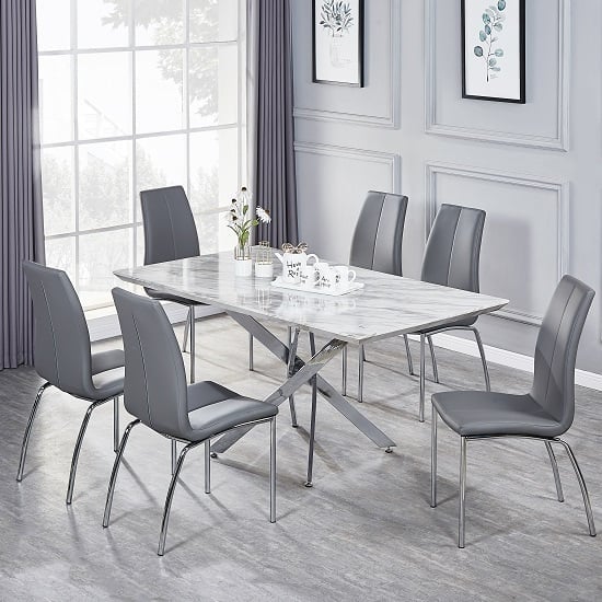 Photo of Deltino magnesia marble effect dining table 6 opal grey chairs